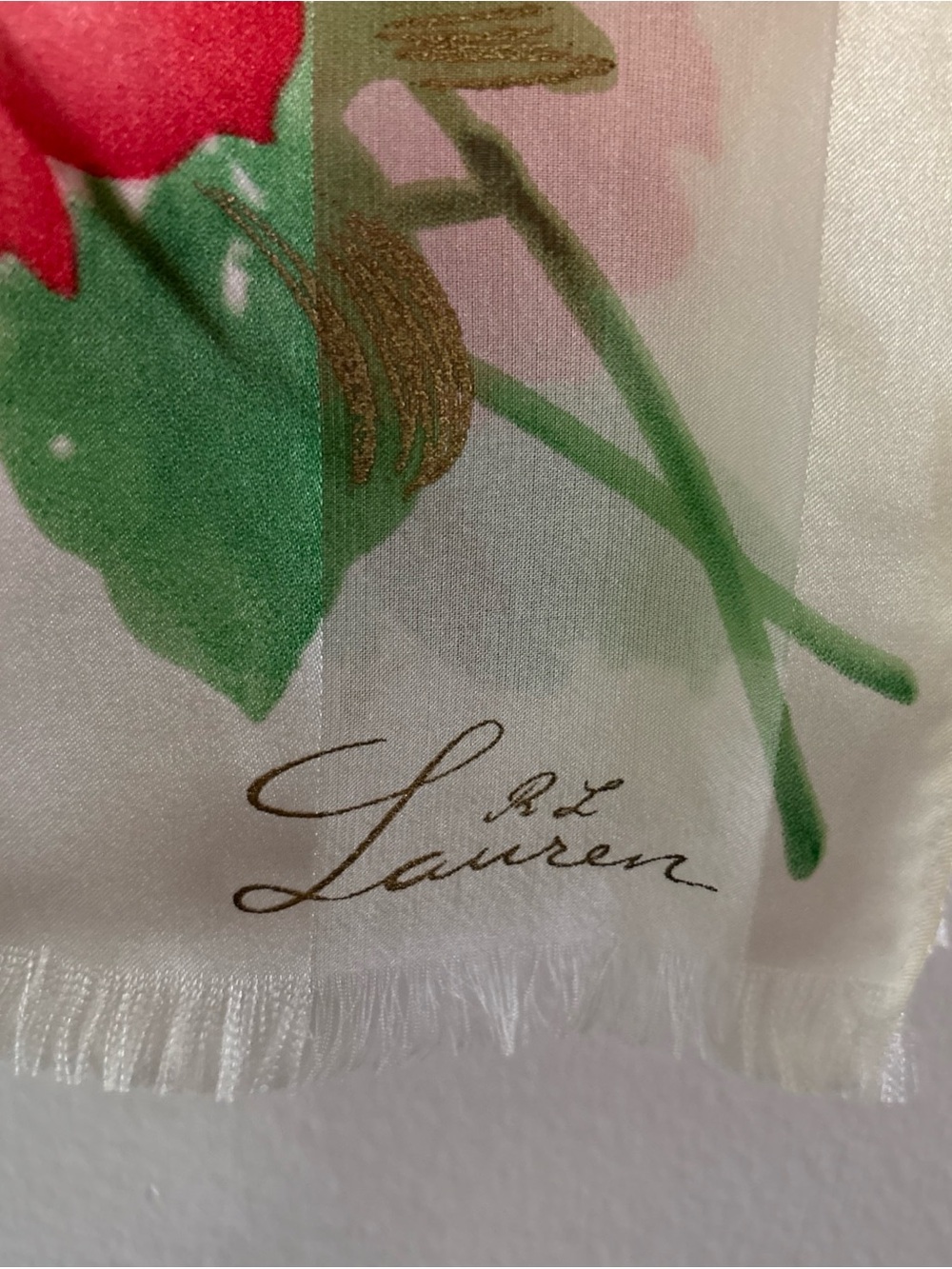 Vintage Ralph Lauren Signed Sheer Floral Scarf in Red, Green and Cream